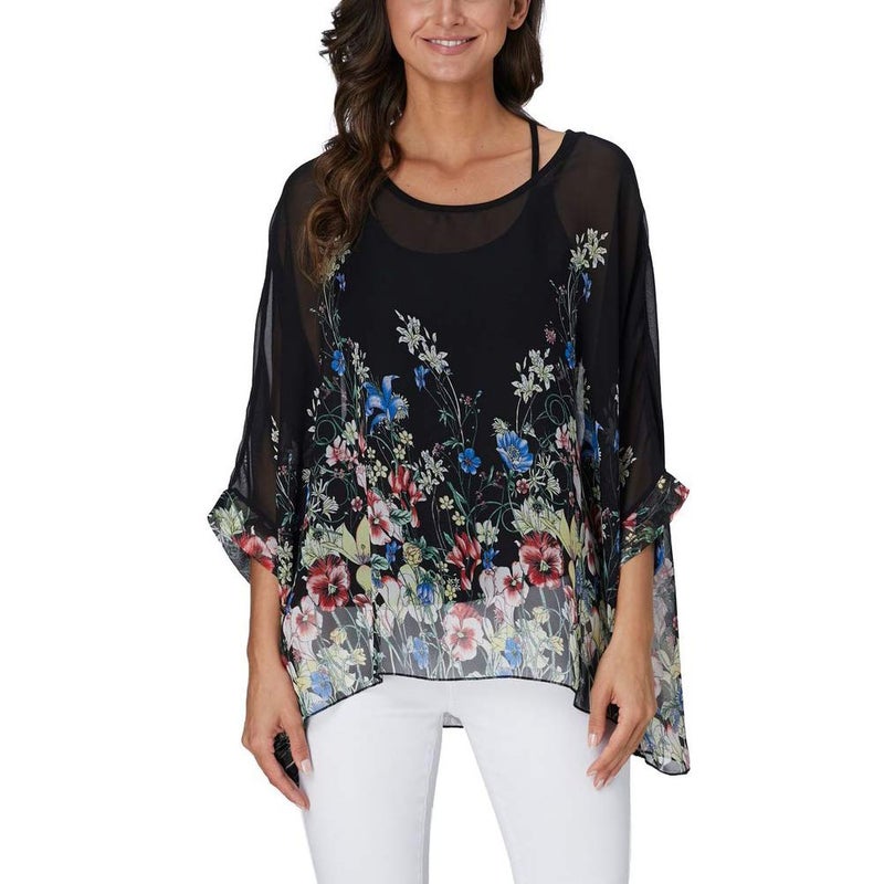 Ckikiou Plus Size Batwing Flowy Semi Sheer Chiffon Blouse Tunic for Women Summer Floral Print Boho Beach Cover ups - Image 3